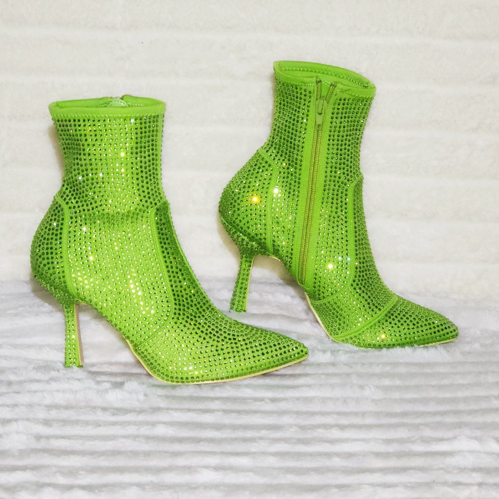 Stunning Bright Green Stretch Rhinestone Ankle Boots 3.5" Kitten Heels
